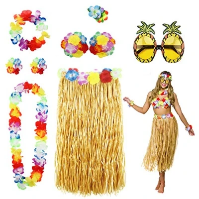 Afbeelding van PHOGARY 8 stuks Hula Rok Kostuum Accessoire set voor Hawaii Luau Party, Dansende Kula met Bloem Bikini Top, Hawaiiaanse Lei, Hibiscus Haarclip, Ananas