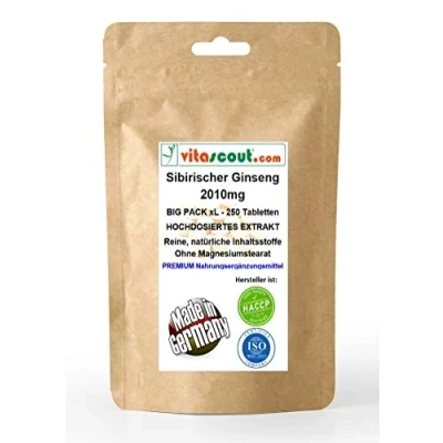 Afbeelding van Siberisch ginseng extract komt overeen met 2010 mg poeder per tablet, made in Germany, 250 tabletten, zonder magnesiumstearaat, laboratoriumgetest