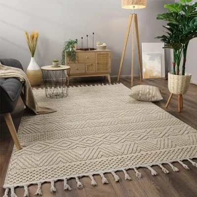 Afbeelding van Paco Home Vloerkleed Woonkamer Laagpolig Boho Patroon Scandinavisch Franjes, Maat:80x150 cm, Kleur:Crème