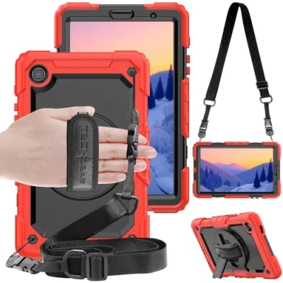 Afbeelding van TECHGEAR Utility Beschermhoes compatibel met Samsung Galaxy Tab A7 Lite 2021 8,7 inch (SM T220/T225), hard, stootbescherming 360 graden draaibare standaard, schouderriem en handgrip, rood
