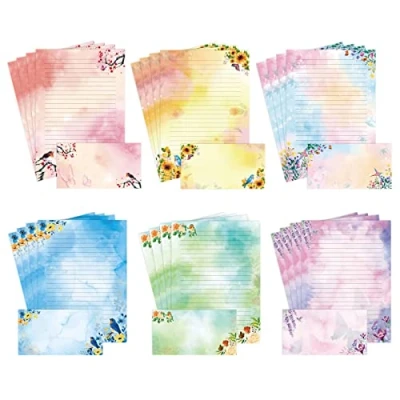 Afbeelding van Gevoerd briefpapier en enveloppen, set A4 formaat, bloemenvogel aquarel schrijfset met gelinieerd 48 vellen + 24 enveloppen