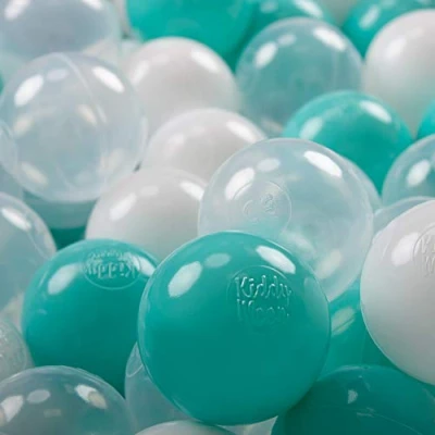 Afbeelding van KiddyMoon 700 ∅ 7cm kinderballen speelballen voor ballenbad baby plastic ballen made in eu, licht turquoise/wit/transparant