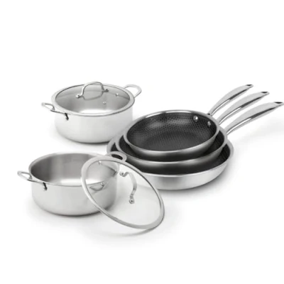 Afbeelding van Set van 3 RVS triply pannen 20 + 24 28 cm met non stick honeycomb coating 2 kookpotten 22 26 glazen deksels Zilver / Zwart Transparant
