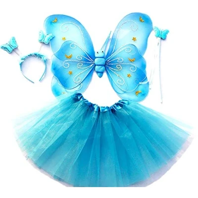 Afbeelding van Tante Tina Vlinder/feeënkostuum voor meisjes 4 delige set met vleugels, toverstaf, tiara en rok blauw glittersterren