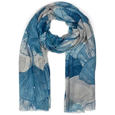Afbeelding van styleBREAKER dames sjaal met gekleurde ginkgo bladeren patroon print en korte franjes, lichte sjaal, stola 01016208, Kleur:Blauw wit