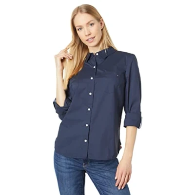Afbeelding van Tommy Hilfiger Geruite overhemd met knopen en tabblad voor dames, Sky kapitein, M