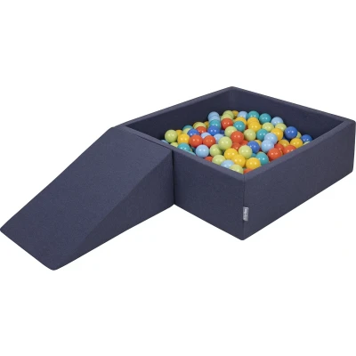 Afbeelding van KiddyMoon Schuimspeeltuin voor kinderen met vierkante ballen (200 ∅ 7 cm), zacht hindernissenparcours en ballenbad, gecertificeerd gemaakt in de EU, donkerblauw: groen/oranje/turquois/blauw/geel