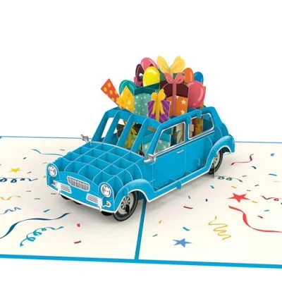 Afbeelding van papercrush® Pop upkaart verjaardagsauto (blauw) grappige 3D verjaardagskaart voor vrouw, man, vriend en kinderen (meisjes jongens), speciale wenskaart met auto geldcadeau verjaardag