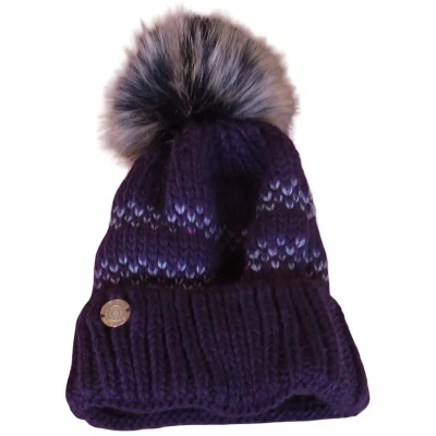 Afbeelding van Twee kleurige dames muts met omslag en pompon fleece binnenkant