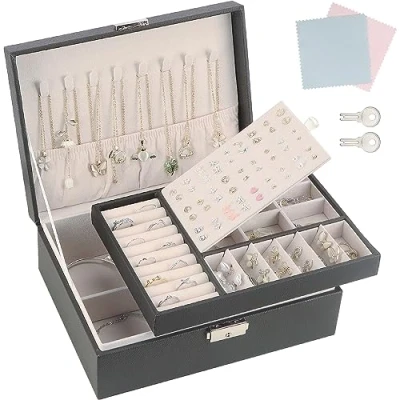 Afbeelding van TEIVUL Sieradendoos, 2 laags sieradenorganizer met sleutels, PU lederen sieradendoos organizer, geschikt voor halskettingen, oorbellen, armband, ringaccessoires, sieradendoosjes vrouwen en