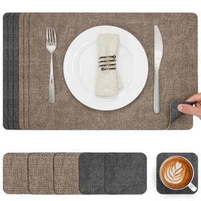 Afbeelding van Myir JUN Lederen Placemat en Onderzetters, Tafelmatten Waterdichte Afveegbare Dubbelzijdige Plaats Matten Koffiematten Antislip Wasbare Placemats Coaster (Grijs Bruin, Sets 6)