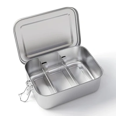 Afbeelding van Feelhap roestvrijstalen broodtrommel met 2 vakken, lunchbox, 1400 ml, bento box, lekvrij voor kinderen en volwassenen, milieuvriendelijke broodtrommel, metaal,