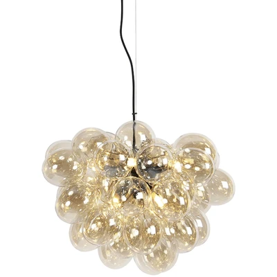 Afbeelding van QAZQA Art Deco hanglamp zwart met Amber glas 8 lichts Uvas