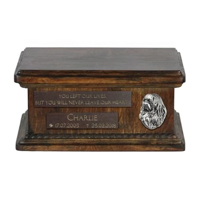 Afbeelding van Art Dog Custom Low Memorial Urn Handgemaakt koud gegoten bronzen portret op berkenbasis Gepersonaliseerde hondencrematiedoos 8,3x11,4x4,3 Japan Chin