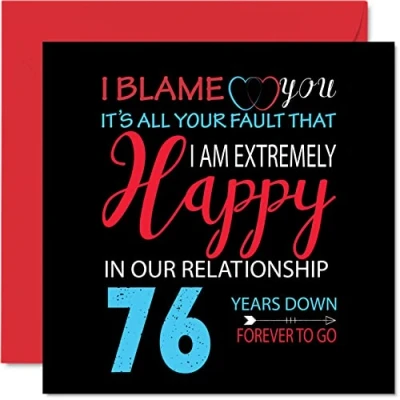 Afbeelding van Grappige 76e verjaardagskaart voor echtgenoot vrouw Your Fault I&#039;m Extremely Happy Gelukkige huwelijksverjaardagskaart partner, 145 mm x wenskaarten zesenzeventigste jubilea