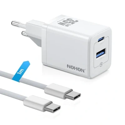 Afbeelding van NOHON USB C oplader snellader: 35 W voeding met 60 type 1 M oplaadkabel, 2 poorts GaN mobiele telefoon laadstekker compatibel iPhone 15/14/13/12 Mini Pro Max, iPad Air/Pro, Samsung,