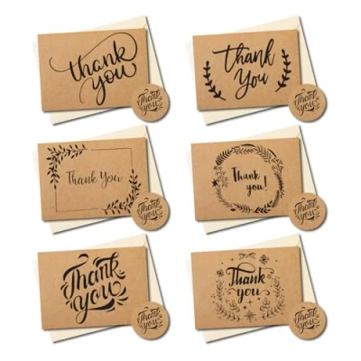 Afbeelding van 36 Pack bedankkaarten multipack met enveloppen, dank u notities voor kinderen, bruiloften, afstuderen, crème papieren enveloppen en bruine kraftkaarten 40 stickers