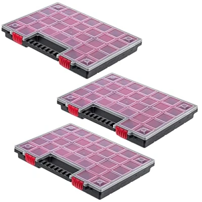 Afbeelding van KADAX K6548 Organizer gereedschapskist van kunststof magazijn voor kleine onderdelen met transparant deksel in verschillende maten assortimentsdoos (40x30cm / 3 stuks)