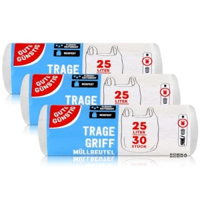 Afbeelding van Gut &amp; Günstig Draaggreep vuilniszakken 25 l (30 stuks), 3 stuks (3 x 30 scheurvast en vloeistofdicht