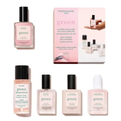 Afbeelding van Manucurist Green System™ Pink (Hortencia) Vegan Biosourced Professionele Manicure Kit: 1 Reiniger, Base Coat, Hortencia nagellak, Top Quick Dry Drops Vrouwen Geschenkset