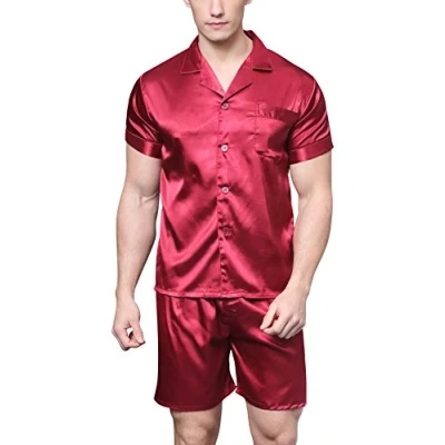 Afbeelding van korte satijnen pyjama voor heren, mouwen, pyjamaset met shorts, bordeaux, M