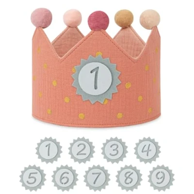 Afbeelding van URAQT Verjaardagskroon voor kinderen, stof, verjaardag kinderkroon, jongens en meisjes, met Happy Birthday spreuklint verwisselbare cijfers van 0 9 (stippen roze)