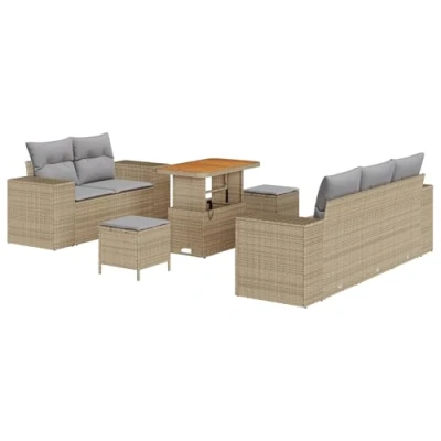 Afbeelding van vidaXL 8 delige Tuin Sofa Set met Kussens Beige Poly Rattan Acacia, 3 Eettafel Acacia