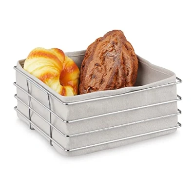 Afbeelding van Relaxdays Broodmand met inzet metalen broodmandje stoffen doek ontbijtmandje modern grijs