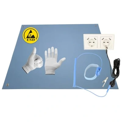 Afbeelding van Minadax 80 x 60 cm antistatische ESD computermat tafelmat &quot;Premiumkwaliteit&quot; incl. manchet + 2,4 m verlenging handschoenen GR L
