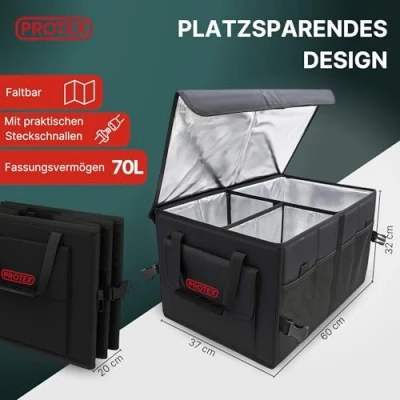 Afbeelding van PROTEX Kofferbakorganizer, 70 liter, opvouwbare kofferbaktas met deksel, XXL kofferbakbox warmte en koude isolatie, praktische waterdichte opbergdoos voor de auto, zwart