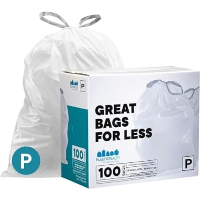 Afbeelding van Plasticplace Custom Fit Vuilniszakken, Compatibel met simplehuman Code P (100 Count) Witte Trekkoord Vuilnisvoeringen 13 16 Gallon, 23.5&quot; x 31.5&quot;