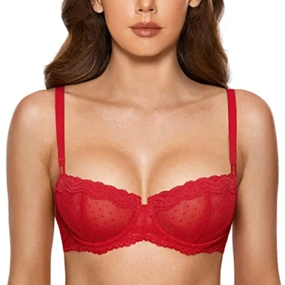 Afbeelding van DOBREVA Balconette Beha Dames met Beugel Dirndl Push Up Sexy Beha&#039;s Kant Grote Maten Ongevoerd Lippenstift rood 80D