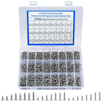 Afbeelding van 815 St. M3 M4 M5 zelfborende houtschroeven, Assortiment set, RVS, Kruiskop boorschroeven, platte kop en schroeven voor plaatstaal (405 x ronde kop, 410 kop)