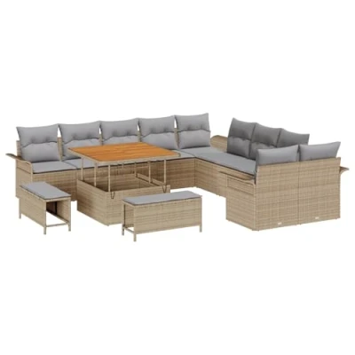Afbeelding van vidaXL 13 delige tuinbank met kussens Beige Poly Rattan Acacia, 2 zits opslag en Rattan, 3 tuin eetset Acacia