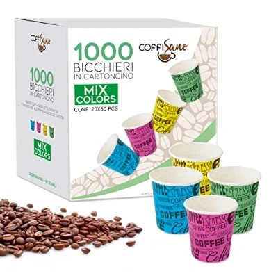 Afbeelding van COFFISANO Koffiebekers van papier, 75 ml, gesorteerd, biologisch afbreekbaar, composteerbaar, kleine wegwerpbekers voor dranken, thee, espresso