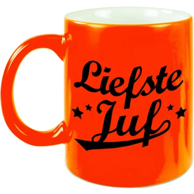 Afbeelding van Liefste juf beker / mok neon oranje 330 ml afscheidscadeau bedankt cadeau feest mokken