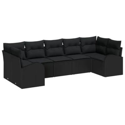 Afbeelding van vidaXL 7 delige Tuinsofa Set met Kussens Zwart Poly Rattan, 2 Zits Opslag &amp; Rattan