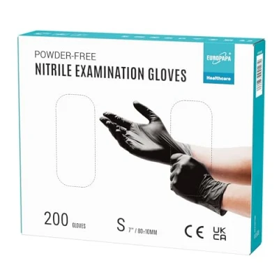 Afbeelding van EUROPAPA® wegwerphandschoenen, nitrilhandschoenen, poedervrij, onderzoekshandschoenen, EN455 EN374, latexvrij, verkrijgbaar in maat S, M, L en XL, 200 stuks (S, Zwart)