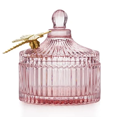 Afbeelding van Opbergdoos met deksel AmeliaHome Organizer van glas Cosmetische Box Libelle 10,5 x 11,9 cm Dragonfly poederroze