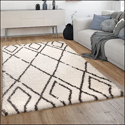 Afbeelding van Paco Home Hoogpolig Vloerkleed Woonkamer Shaggy Langpolig Scandinavisch Ruiten Patroon 80x150 cm