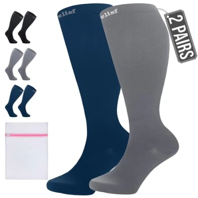 Afbeelding van 360 Relief 2 Paar Compressiesokken Dammes en Herren Effen Kleuren Compressiekousen voor Sport, Hardlopen, Vliegen, Reizen, Joggen, Fietsen, Werk S/M Blauw&amp;Grijs Kniehoge sokken met Mesh Waszakje