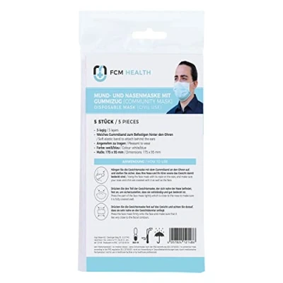 Afbeelding van MeaVita Mond en neusmasker, verpakking van 5 stuks, wegwerpmasker, community masker, 3 laags elastiek.