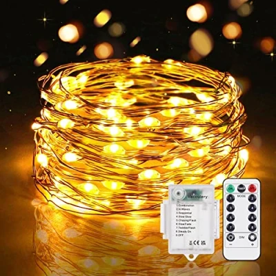 Afbeelding van Vacoulery Led lichtsnoer, werkt op batterijen, 5 m, 50 leds, 8 modi, decoratieve ledlampen, IP65, waterdicht, met afstandsbediening, timer en dimmer, voor binnen buiten, Kerstmis, bruiloft (1 stuk,