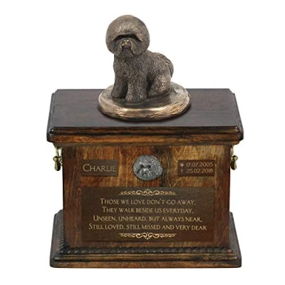 Afbeelding van Art Dog Custom Sitting Statue Memorial Urn Handgemaakt koud gegoten brons op berkenhouten voet 8,3x11,4x8,7 5l Bichon