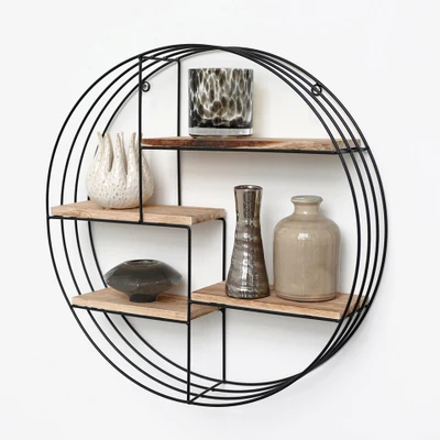 Afbeelding van Zwart metalen wandrek met 4 houten plankjes Rond 50x11 cm