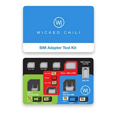 Afbeelding van Wicked Chili 8 in 1 simkaartadapterset Nano naar microfoon en standaard kaarten + pin voor simkaart mobiele telefoon, tablet, WLAN router, LTE reisrouter, surfstick (met reisetui)