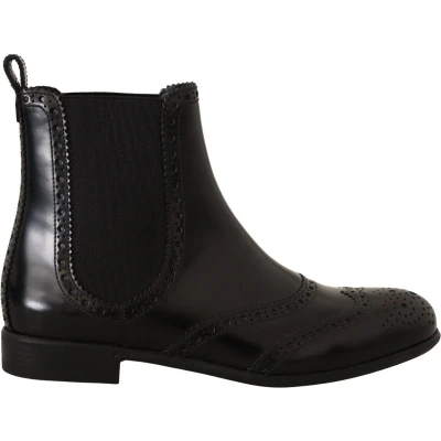 Afbeelding van Zwart lederen enkelhoge platte laarzen schoenen