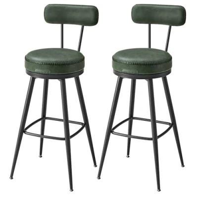Afbeelding van VASAGLE EKHO Collection barkruk set van 2, draaibare barstoel met rugleuning, kunstleer, naden, Mid Century moderne stijl, 76 cm hoog, keuken, huisbar, bosgroen LBC889C01