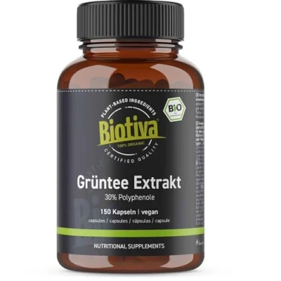 Afbeelding van Biologisch groene thee extract 150 capsules 30% polyfenolen 400 mg per capsule Biotiva Gebotteld en getest in Duitsland (DE ÖKO 005)