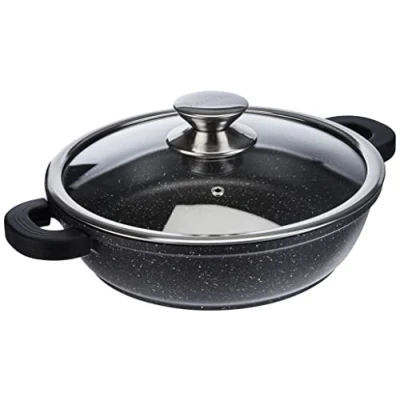 Afbeelding van Kamberg Kookpan 24 Cm Gegoten Aluminium Coating In Steenlook Met Glazen Deksel Voor Alle Warmtebronnen, Ook Inductie Pfoa Vrij, Aluminium, Grijs,